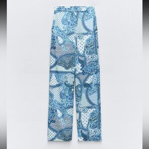 Zara Blue White Paisley Wide Leg Pants